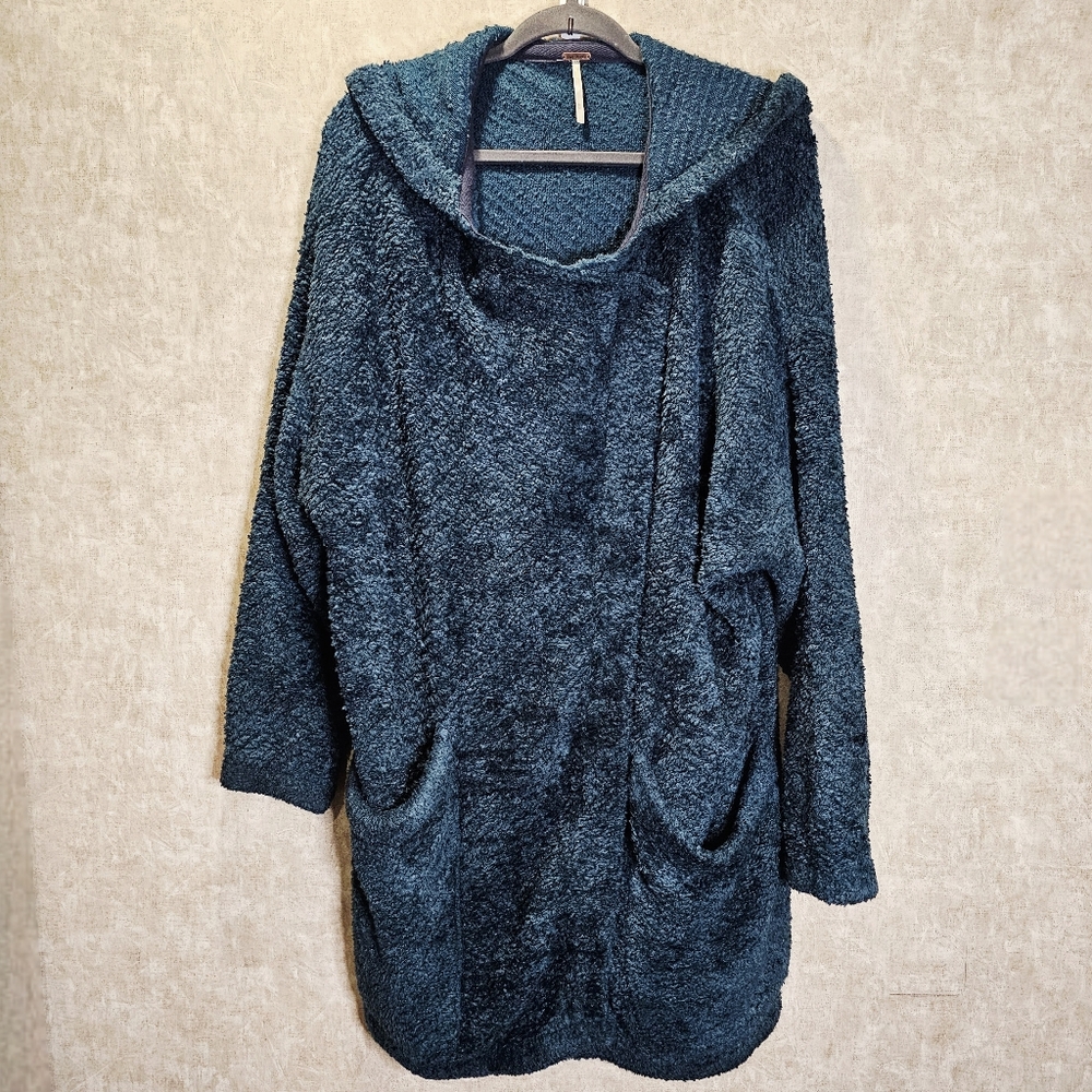 Free People Blanket Hoodie Teal Fuzzy Cozy
